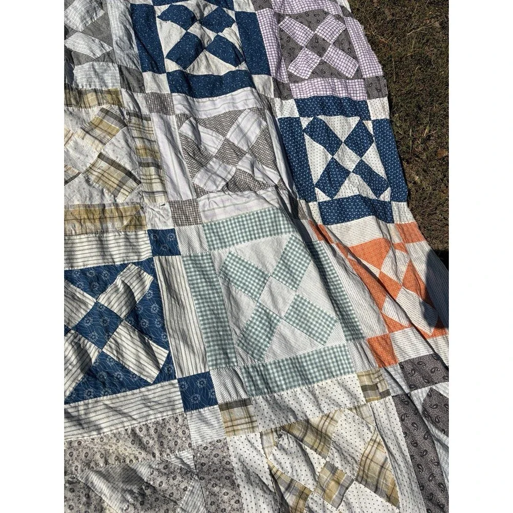 Early 1900’s Hand Stitched Quilt Top Only Shirt Fabric Feed Sack Cotton 74x 61